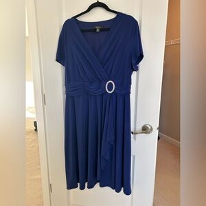 R&M Richards Navy Blue Chiffon Midi Dress | 18W | Rhinestone Detail
